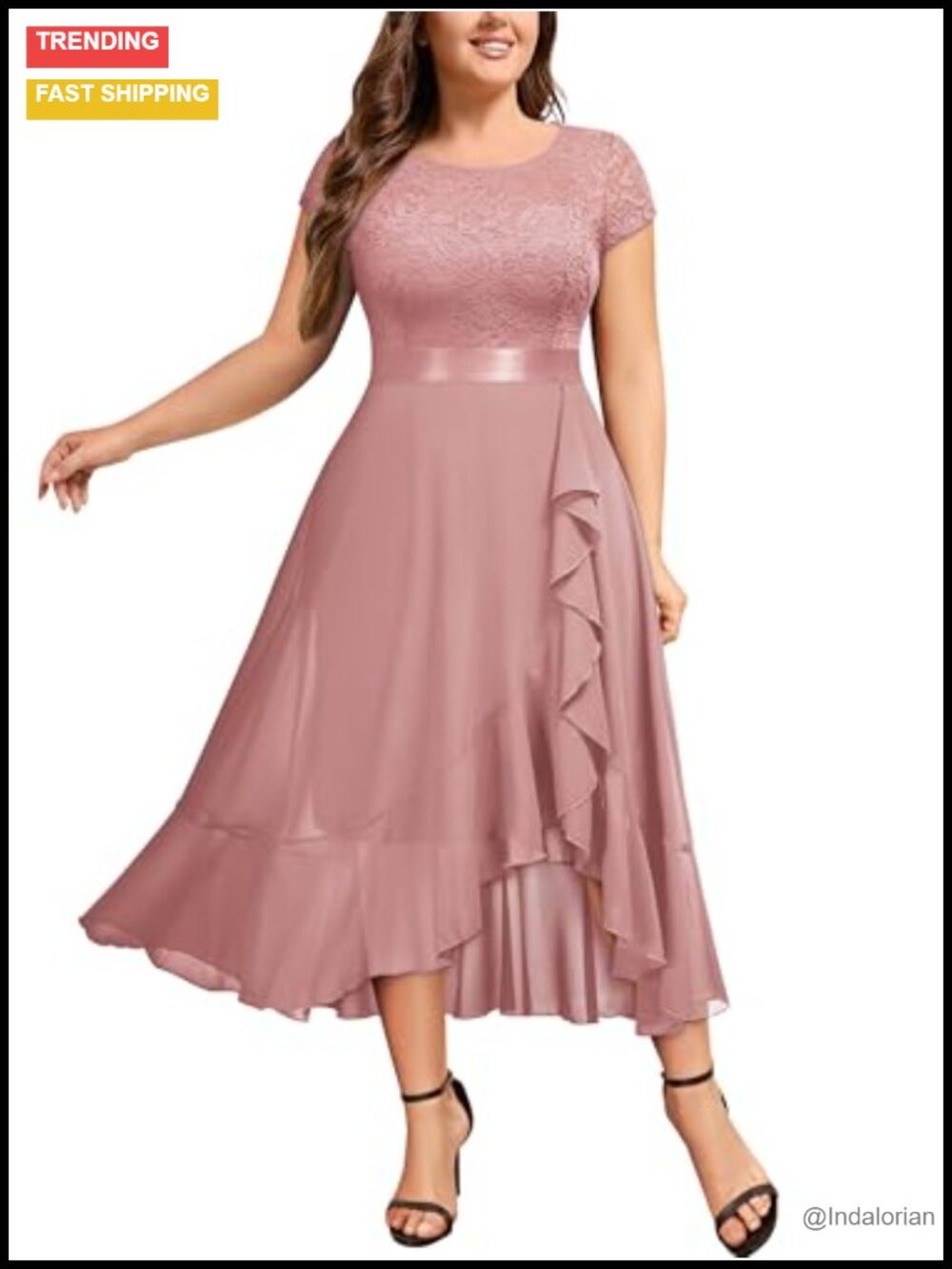 Plus Size Floral Lace Chiffon Formal Maxi Dress Ruffle Hem A-Line